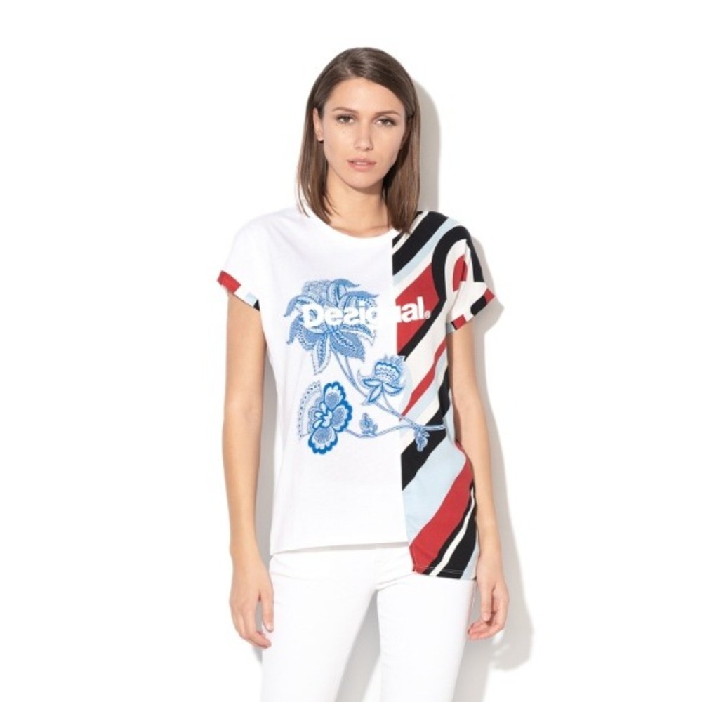 Desigual Brandall Shirt Short Sleeve Floral Stripe‎ Colorblock Asymmetric XL